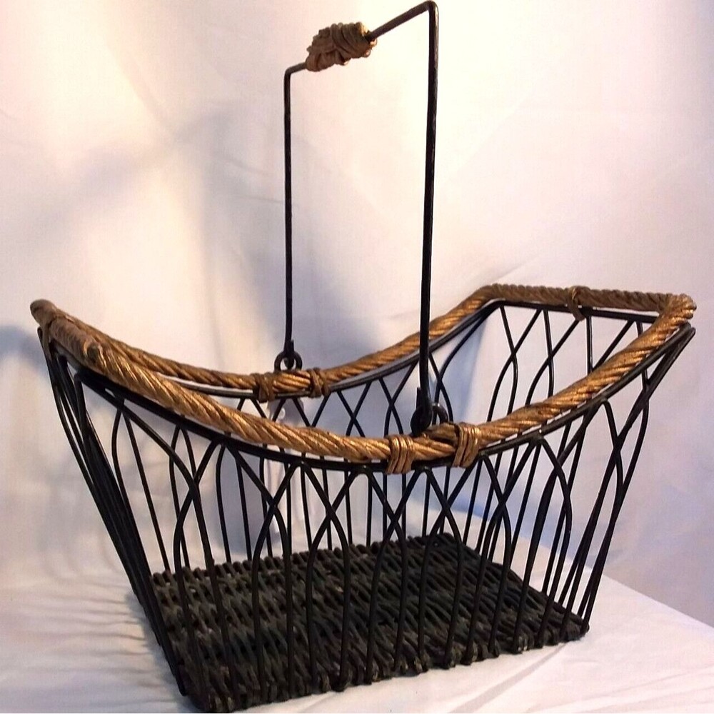 Rectangle Wire Basket with Handle and Wicker Bottom Green & Gold